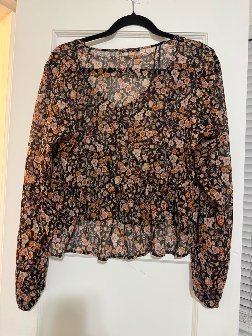 stradivarius Black Floral V-Neck Smocked-Waist Blouse